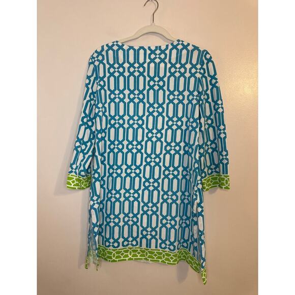 NWT Barbara Gerwitt V-Neck 3/4 Length Sleeve Aqua Lime Lattice Tunic Size XL - Picture 2 of 10